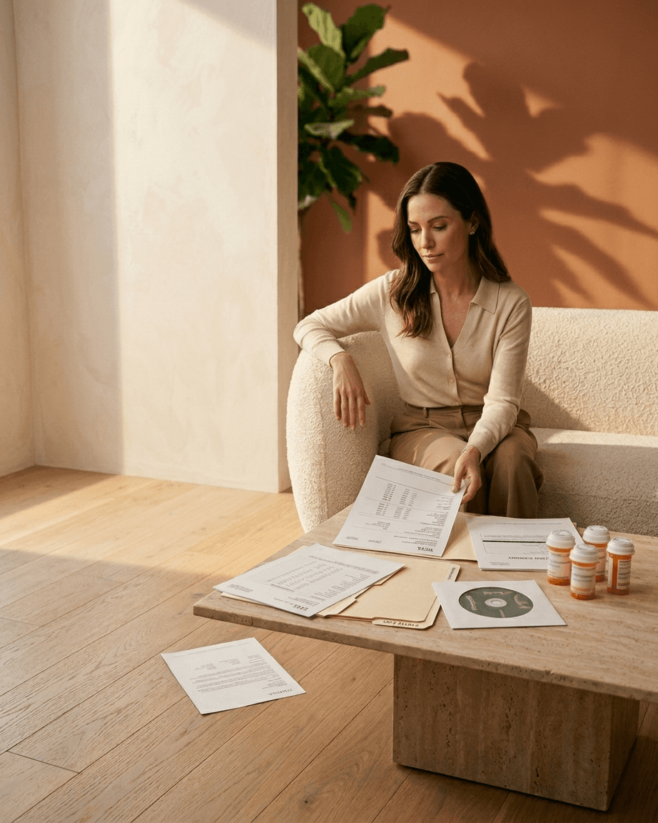 A woman in a beige cardigan sits on a cream bouclé chair, sorting through scattered medical records on a travertine coffee table in a sunlit terracotta room. Lab printouts, folders, a discharge summary, and prescription bottles cover the table; a dropped page lies on the light oak floor.
